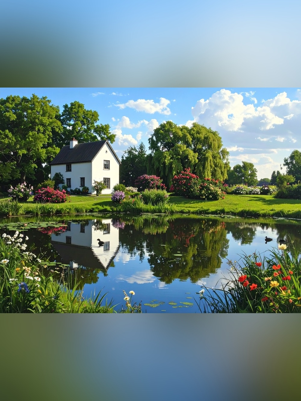 Countryside Lakeside Photo Print in Green and Blue